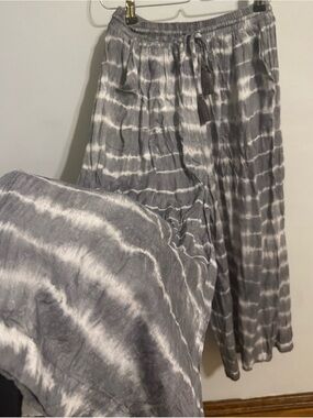 Women's Gray Tie-Dye Boho Pants with Drawstring Waist